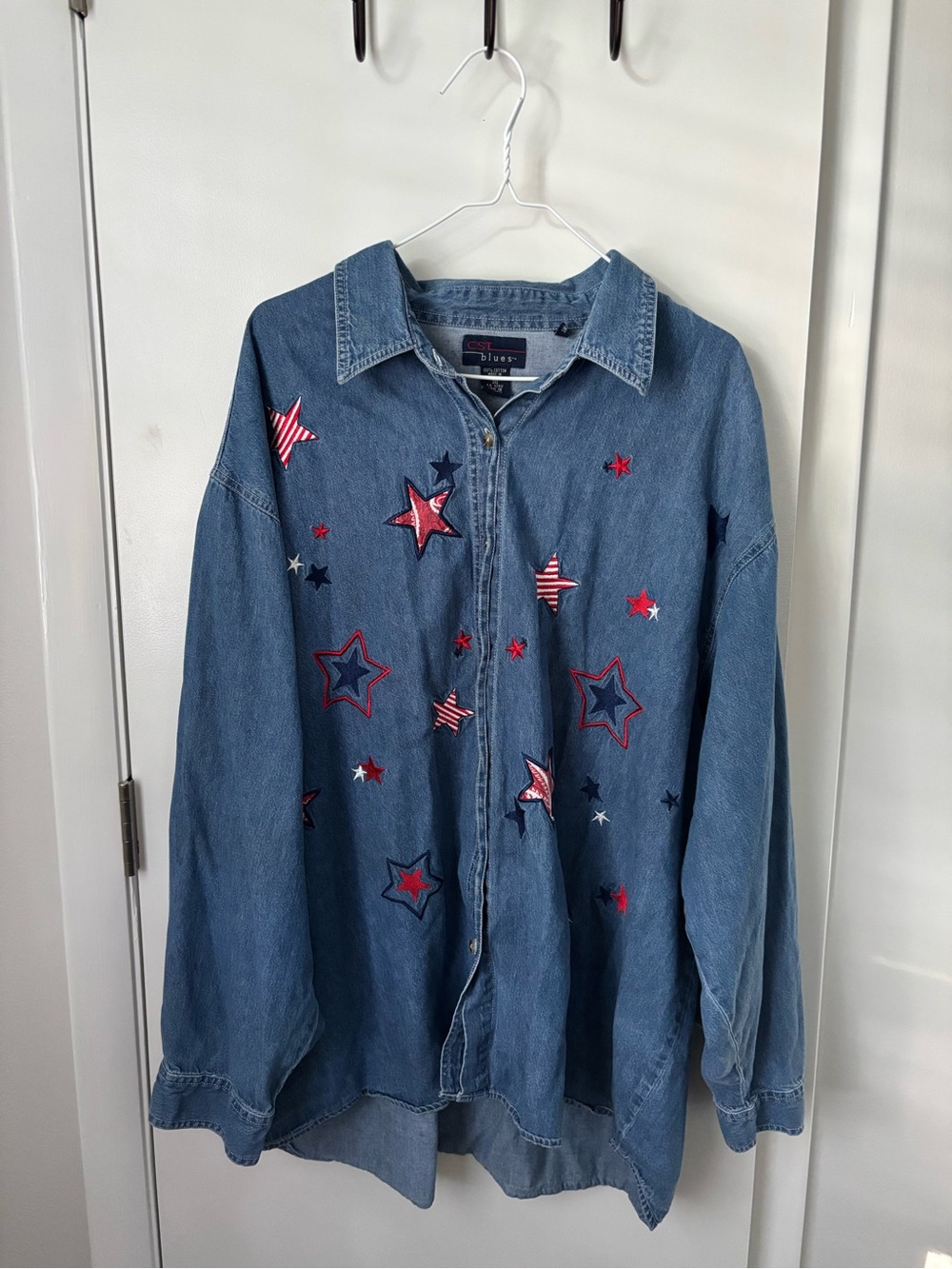Vintage Embroidered Patchwork Star Denim Button Up 100% Cotton 90s Shirt